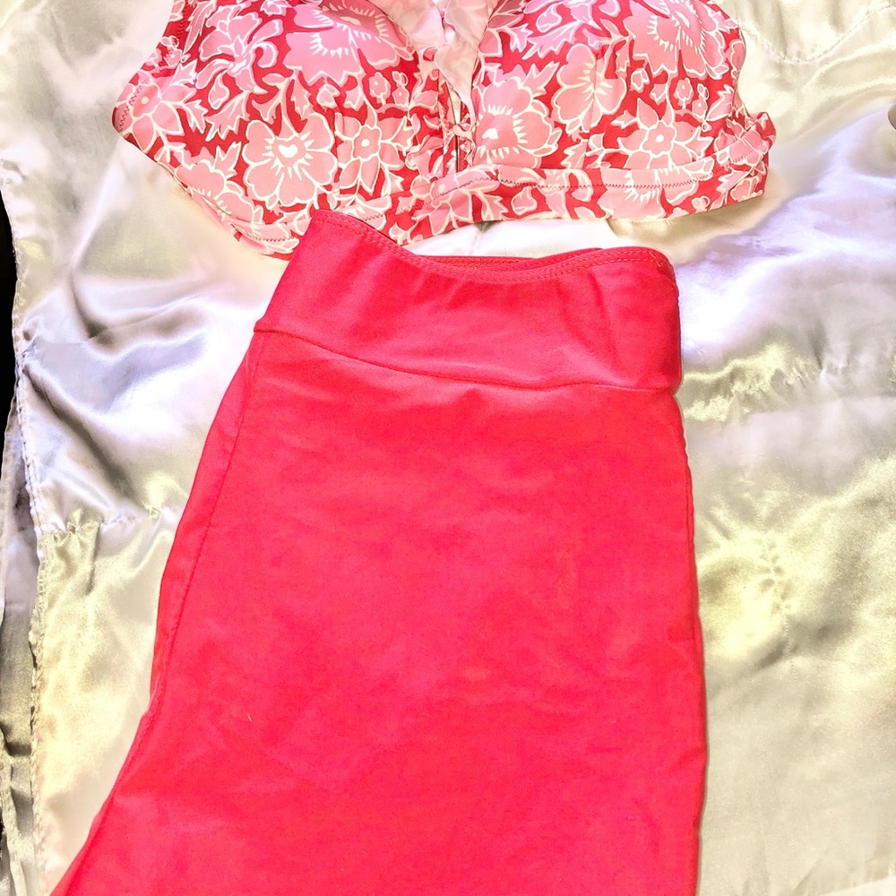 J. Crew Factory Pink Orange Asymmetrical Pencil Bikini Top with swim shorts